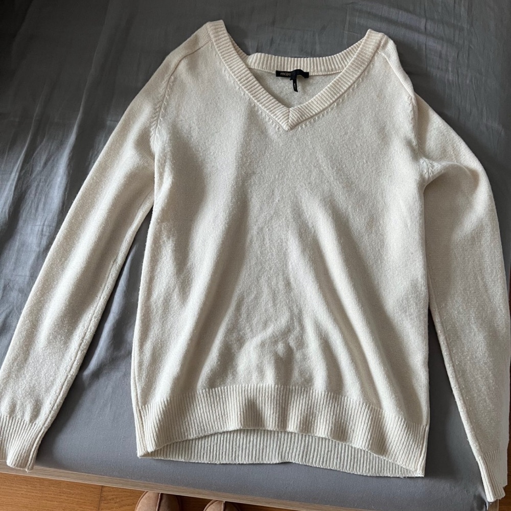 Maje Cream V-Neck Sweater with Ribbed Cuffs